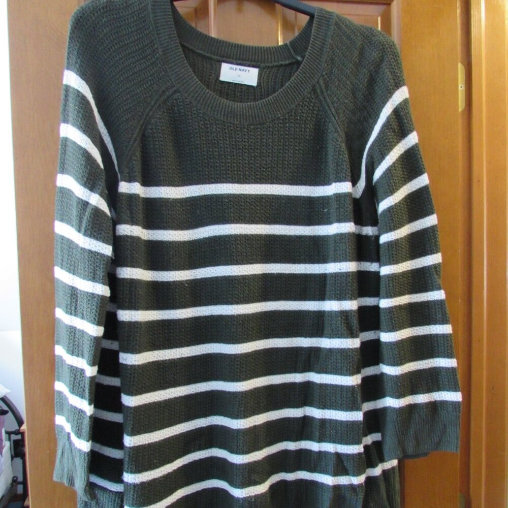 Old Navy Forest Green and White Striped Crew Neck Sweater Size XXL
